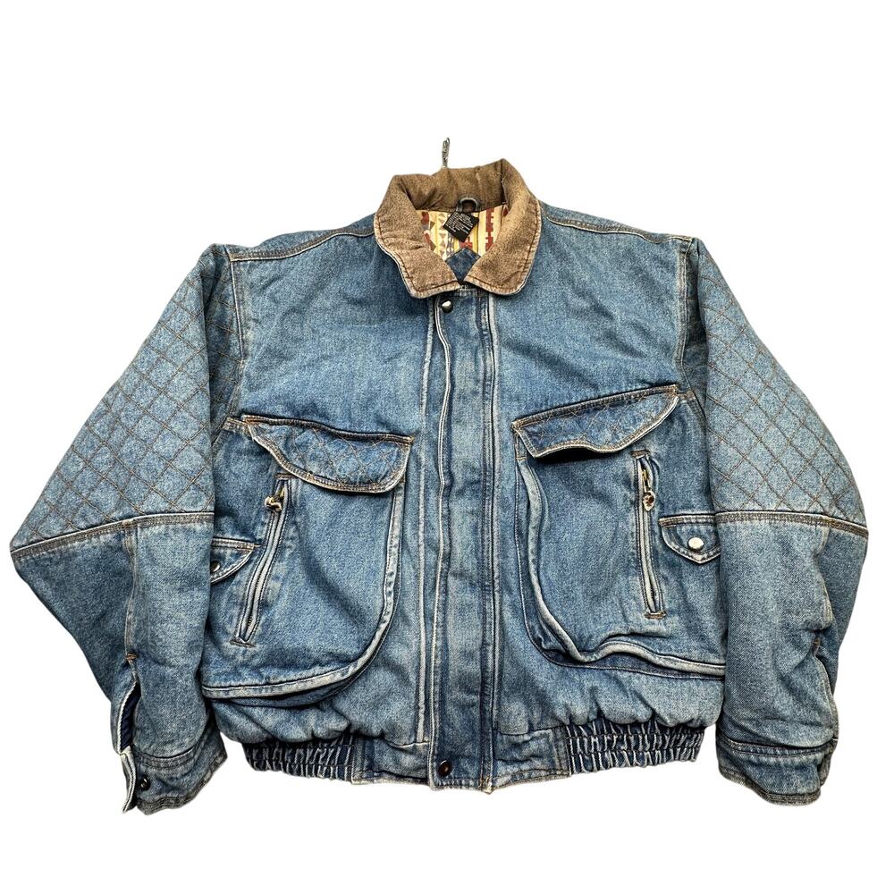 Vintage 90s Exchange Unlimited Denim Bomber Flight Jacket Mens Large Aztec Lined